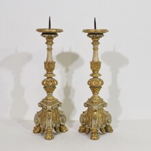 Pair carved wooden baroque candleholders, Italy circa 1750-1780