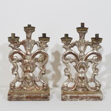 Pair silvered wooden baroque candleholders, Italy circa 1750- 1780