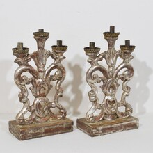 Pair silvered wooden baroque candleholders, Italy circa 1750- 1780