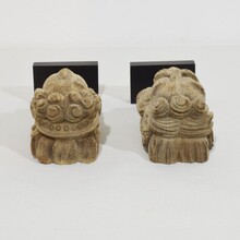 Pair small weathered carved oak head ornaments, France circa 1650