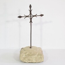 Hand forged iron village cross on carved stone base, Spain circa 1650-1750