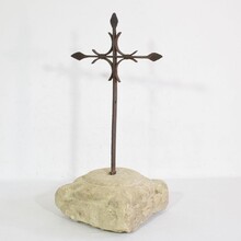 Hand forged iron village cross on carved stone base, Spain circa 1650-1750