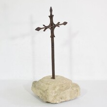 Hand forged iron village cross on carved stone base, Spain circa 1650-1750