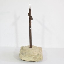 Hand forged iron village cross on carved stone base, Spain circa 1650-1750