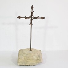 Hand forged iron village cross on carved stone base, Spain circa 1650-1750