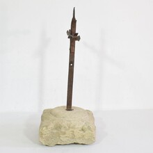 Hand forged iron village cross on carved stone base, Spain circa 1650-1750