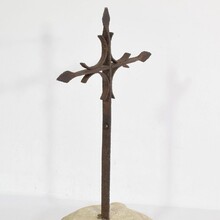 Hand forged iron village cross on carved stone base, Spain circa 1650-1750