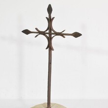 Hand forged iron village cross on carved stone base, Spain circa 1650-1750