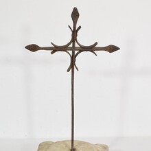 Hand forged iron village cross on carved stone base, Spain circa 1650-1750