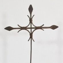 Hand forged iron village cross on carved stone base, Spain circa 1650-1750