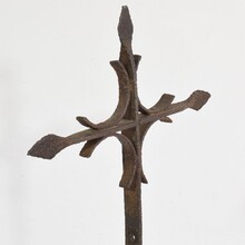 Hand forged iron village cross on carved stone base, Spain circa 1650-1750