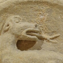 Medieval carved stone fragment depicting a dragon/ mythical figure, Spain circa 1250-1450